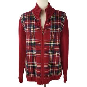 Eddie Bauer Red Blue White Yellow Plaid Lambswool Vintage Cardigan Sweater Large